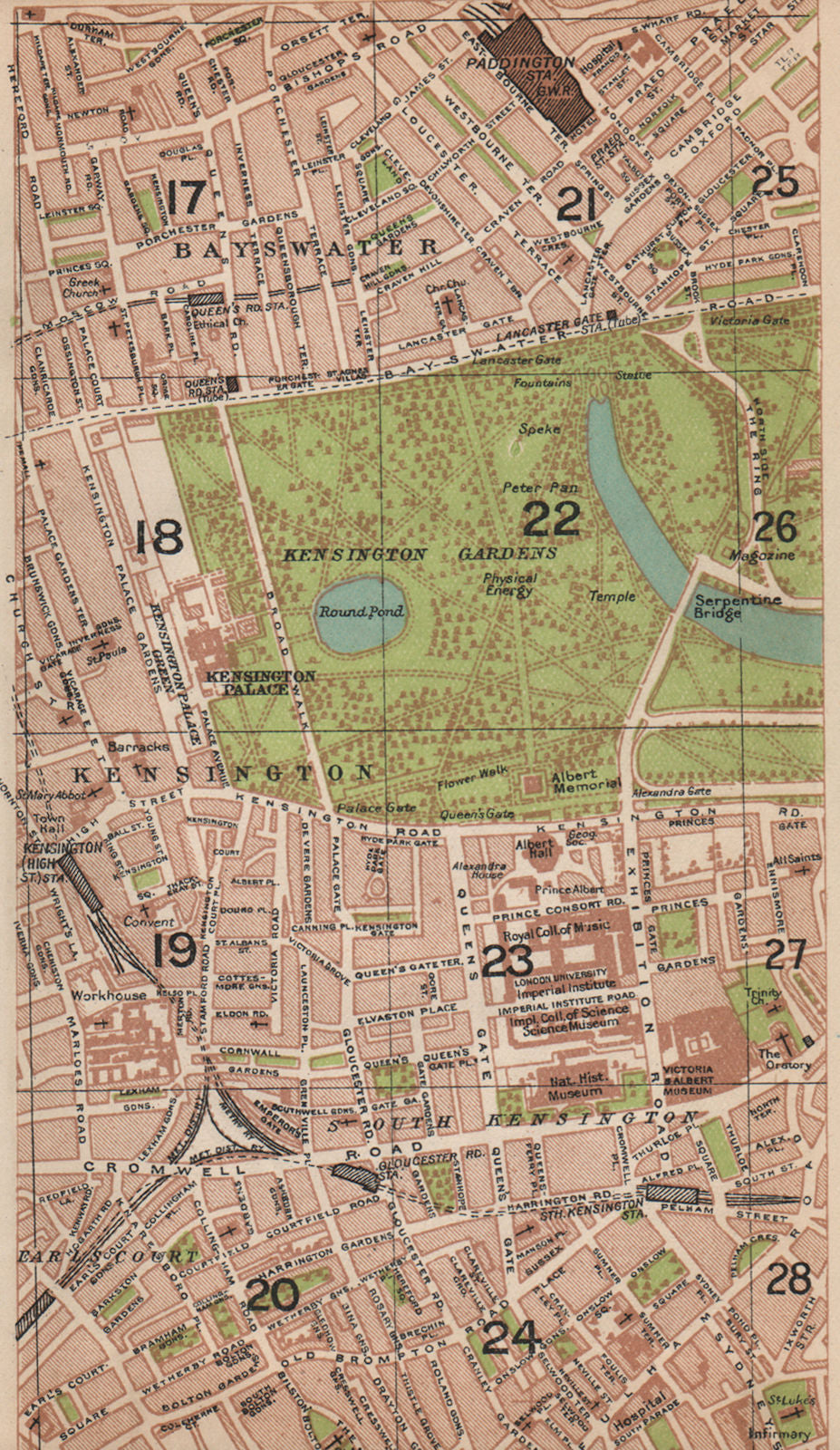 LONDON W. Bayswater Earl's Court South Kensington Paddington 1927 old map